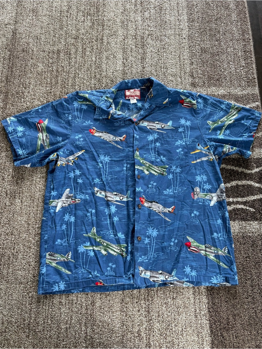 RJC Hawaiian Shirt WWII Fighter Jets 100% Cotton Made In U.S.A 2XL